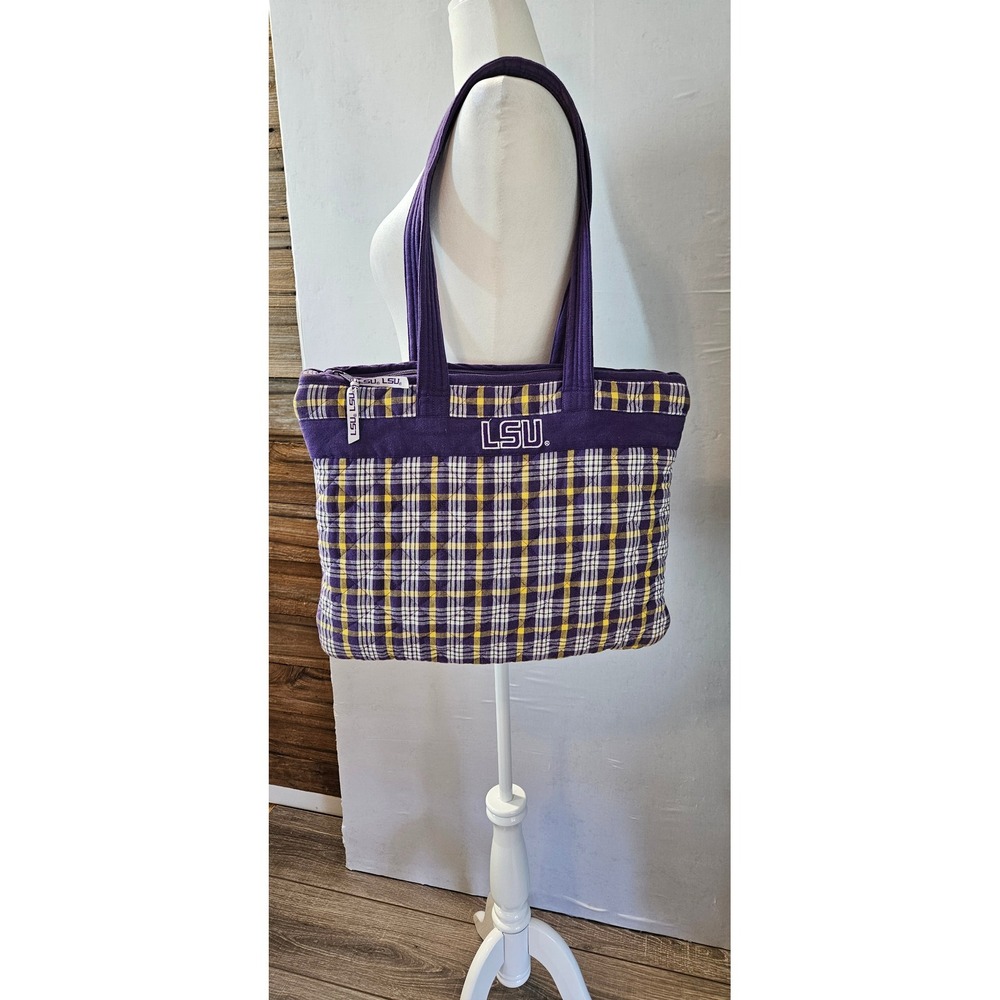 Pomegranate Collegiate LSU Tigers Quilted Tote Bag Purple Yellow Plaid Zip Top